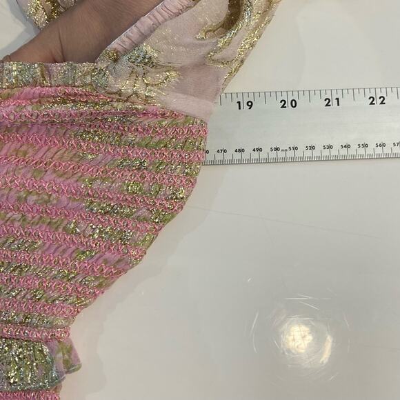 nwot HEMANT NANDITA Dress S Pink Floral Lyrics Tiered Smocked Puff-½-Sleeve Mini - Picture 8 of 16